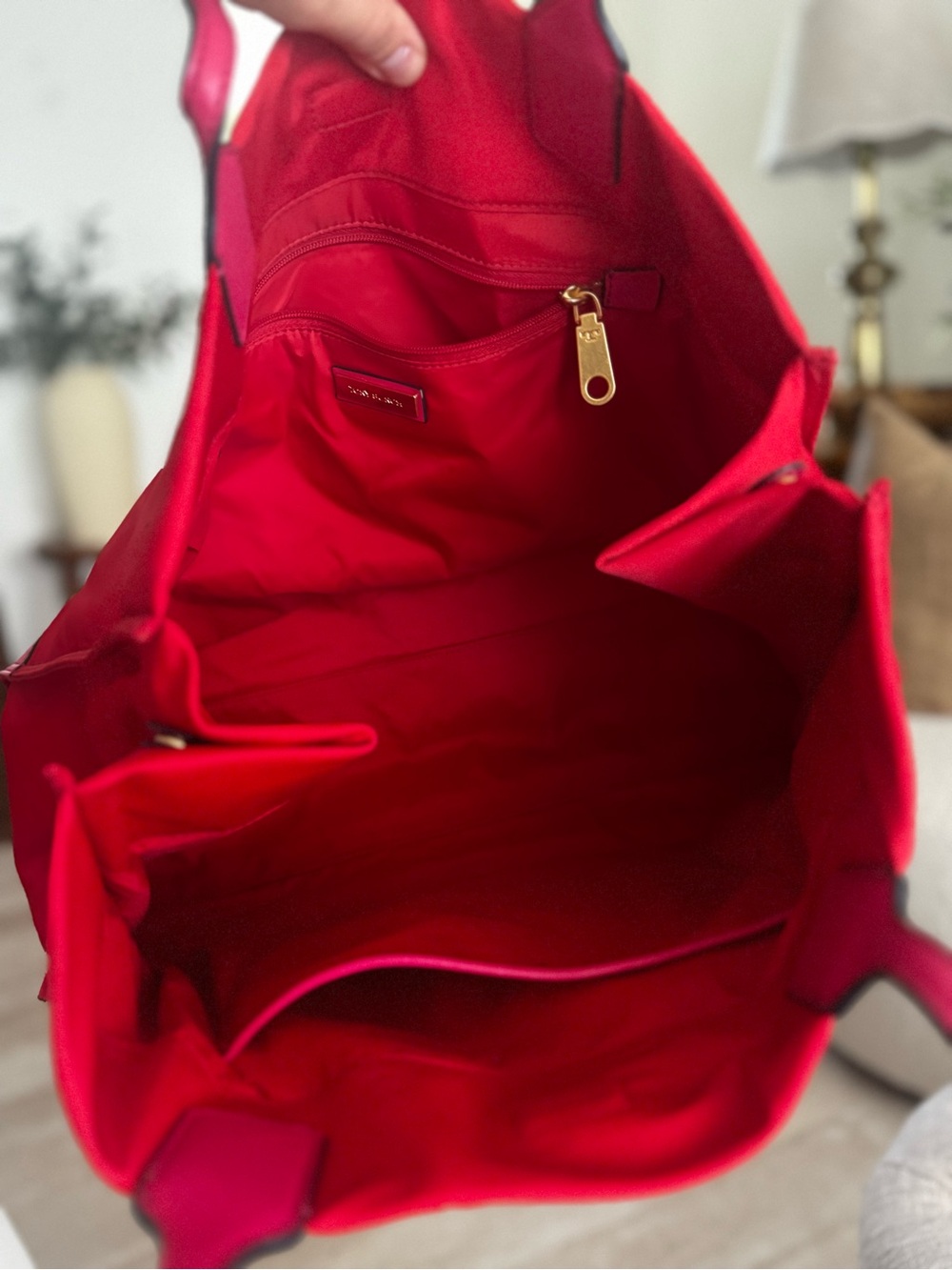 Tory Burch Bright Red Nylon Tote with Logo Medallion - Picture 12 of 15